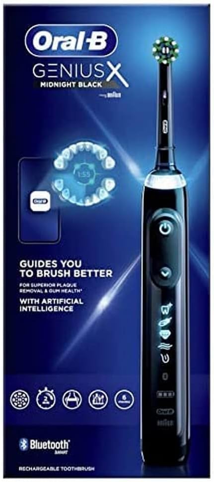Oral-B Genius X Brosse à dents Electrique, 1 Manche Noir Rechargeable avec Intelligence Artificielle, 1 Tête de rechange, Cadeau Fêtes des Pères
