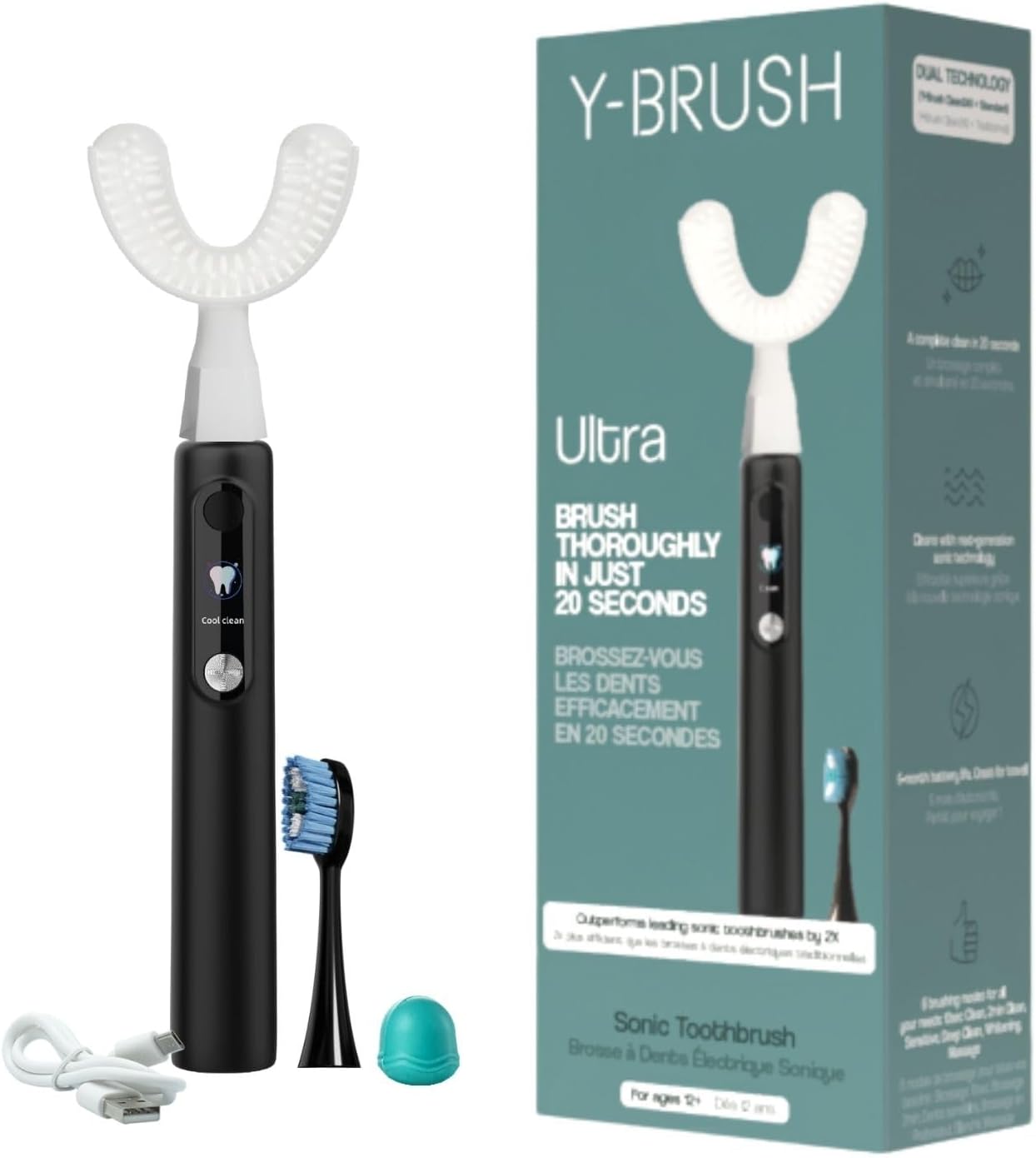 Y-Brush Ultra - Brosse à dents électrique Sonique Automatique, blanchiment - Batterie 6 mois - 6 modes - élimination avancée de la plaque - Adulte