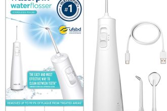 Waterpik WF-20 Pulse, Hydropulseur Sans Fil, Recommandé par l’UFSBD, Jet dentaire Rechargeable, Elimine la Plaque, 2 Niveaux de Pression, 45 Secondes de Nettoyage, 2 Embouts Inclus, Waterproof, Blanc