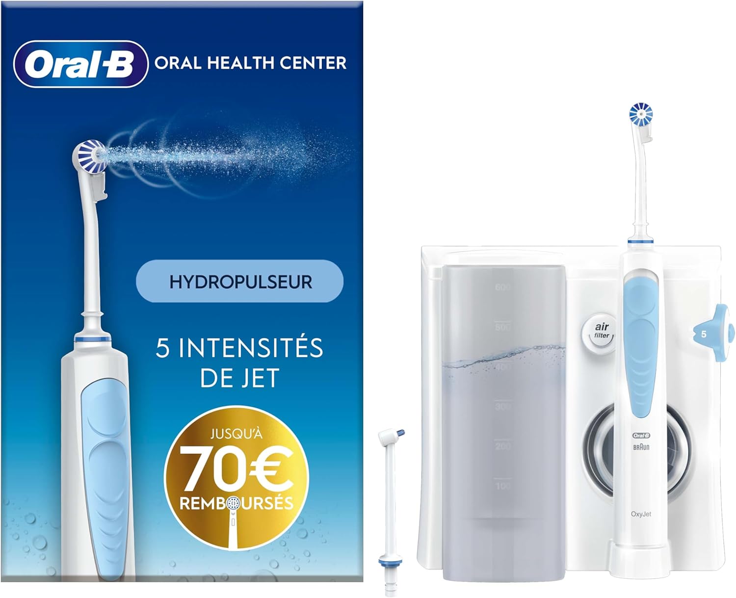 Oral-B Oral Health Center Hydropulseur Dentaire, Jet Dentaire, 1 Canule Oxyjet, 1 Canule Water Jet, 4 Jets d'Eau et 5 Pressions, Nettoyeur Interdentaire et Plaque Dentaire, Rechargeable