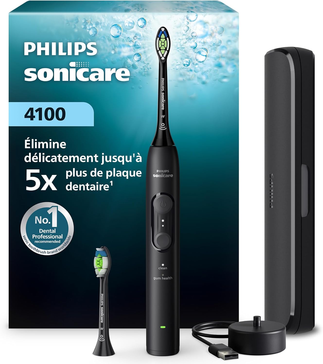 Brosse à dents électrique sonique Philips Sonicare série 4000 – capteur de pression, 4 réglages, EasyStart, SmarTimer, 21 jours d’autonomie, étui de voyage, coloris noir, modèle HX4044/52, [Nouveau]