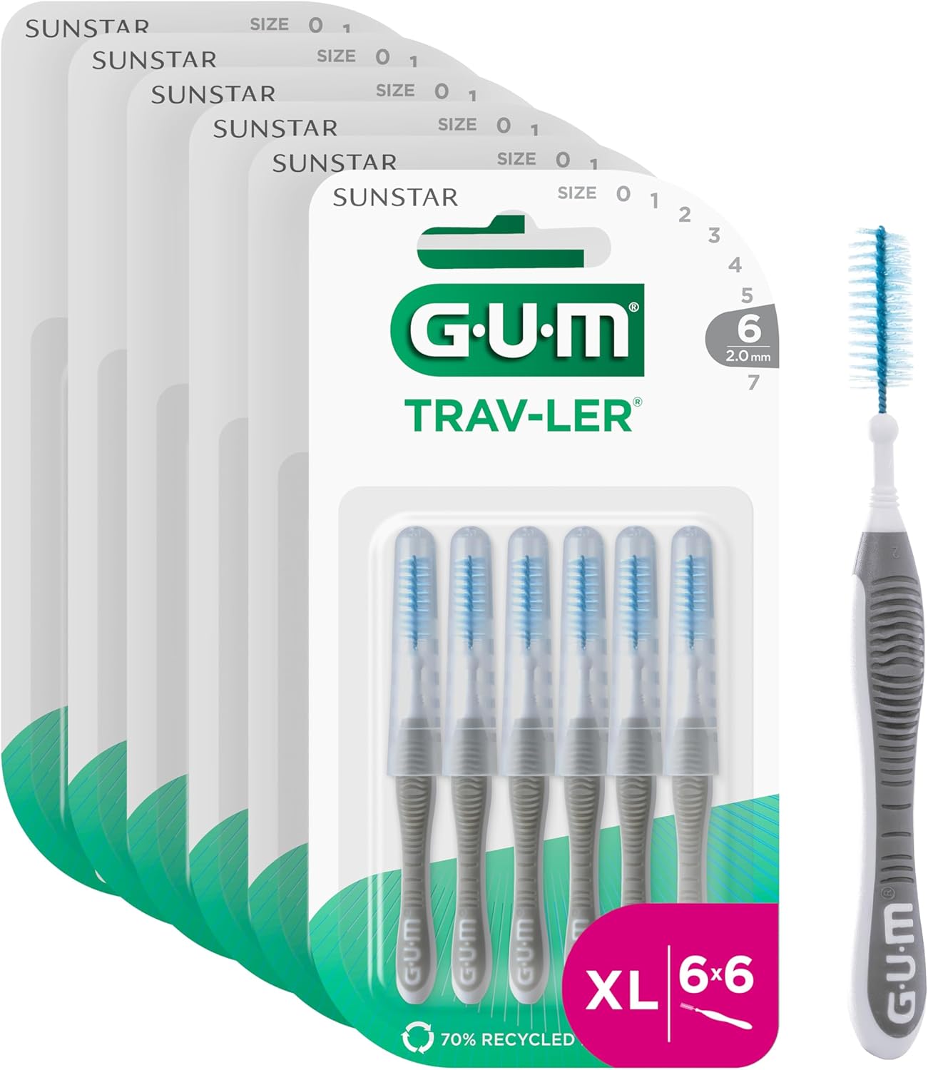 GUM TRAV-LER brossettes interdentaires | nettoyage en profondeur entre les dents | manche pliable | élimination de la plaque dentaire | 2.0mm, ISO 6 | Taille XL | Lot de 6x6 GUM TRAV-LER brossettes interdentaires | nettoyage en profondeur entre les dents | manche pliable | élimination de la plaque dentaire | 2.0mm, ISO 6 | Taille XL | Lot de 6x6