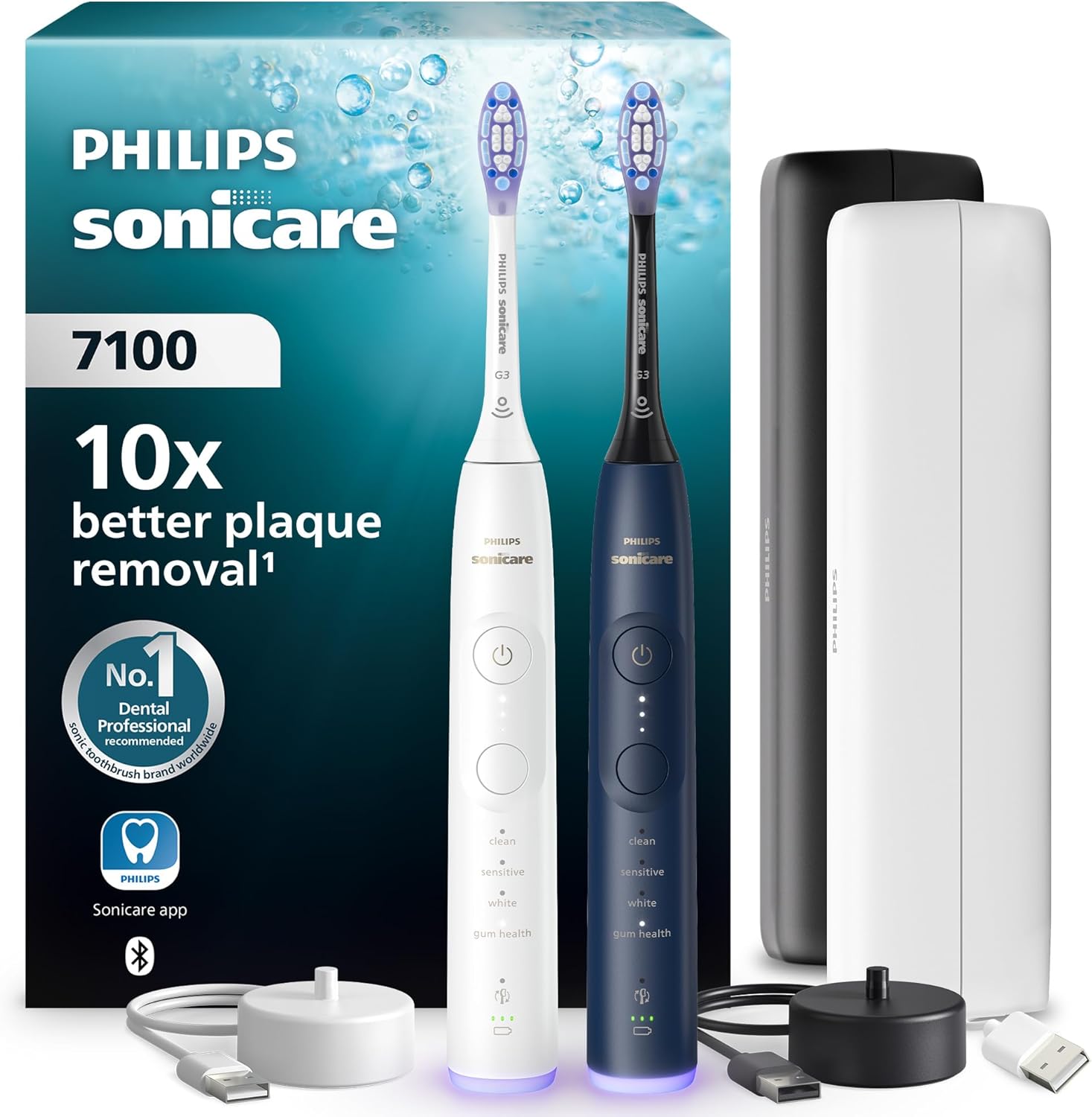 Philips Sonicare 7100 - Brosse à dents électrique sonique avec application, 4 modes de brossage et 3 niveaux d'intensité, Alerte de pression, EasyStart, Pack de 2, HX7429/01 [Nouvelle technologie]