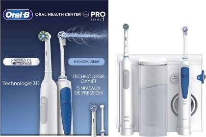 Oral-B Oral Health Center Hydropulseur Dentaire et Brosse à Dents Électrique Pro Series, Jet Dentaire, 1 Canule Oxyjet, 1 Canule Water Jet, 4 Jets d'Eau et 5 Pressions, 2 Brossettes, Rechargeable