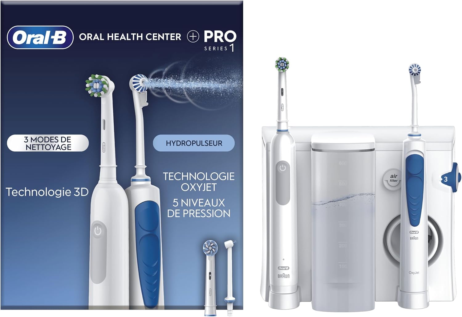 Oral-B Oral Health Center Hydropulseur Dentaire et Brosse à Dents Électrique Pro Series, Jet Dentaire, 1 Canule Oxyjet, 1 Canule Water Jet, 4 Jets d'Eau et 5 Pressions, 2 Brossettes, Rechargeable