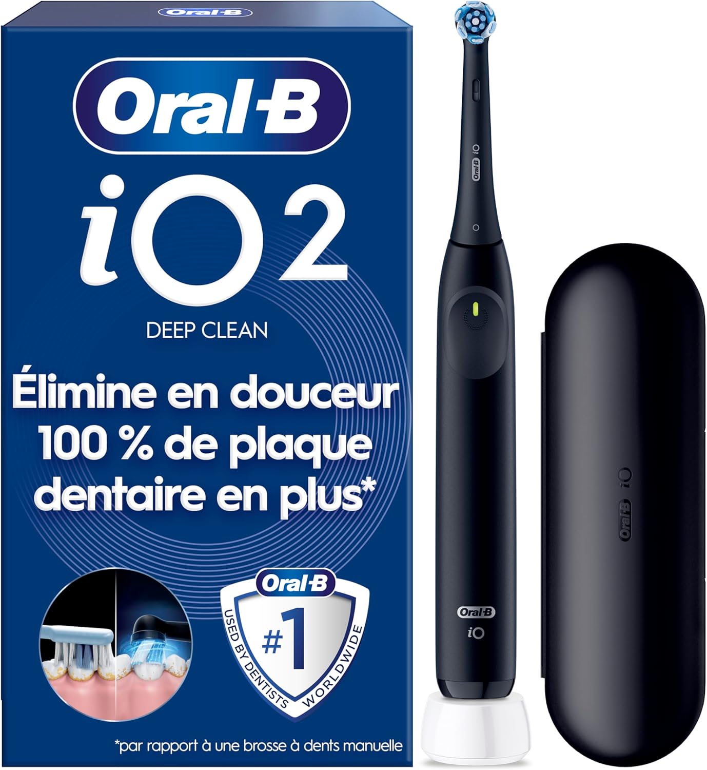 Brosse A Dents Électrique Oral-B iO 2 Noire, 3 Modes De Nettoyage, Brossage Souple Et Silencieux, Capteur De Pression, Brossette Oral B De Rechange, Chargeur, Etui De Voyage