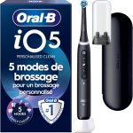 Brosse A Dents Électrique Oral-B iO 5 Noire, 5 Modes De Brossage Dont Blancheur, Capteur De Pression Sur Les Gencives, Brossettes De Rechange Oral B, Etui De Voyage