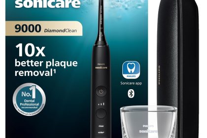 Philips Sonicare DiamondClean 9000 - Brosse à dents électrique avec application, capteur de pression, 4 modes de brossage, 3 niveaux d'intensité, verre de charge, coffret voyage USB, noir, HX9911/09