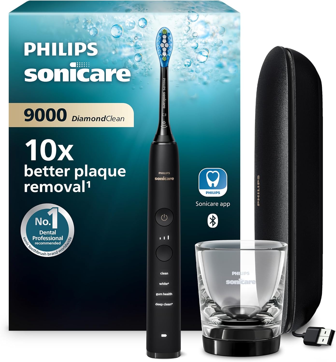 Philips Sonicare DiamondClean 9000 - Brosse à dents électrique avec application, capteur de pression, 4 modes de brossage, 3 niveaux d'intensité, verre de charge, coffret voyage USB, noir, HX9911/09