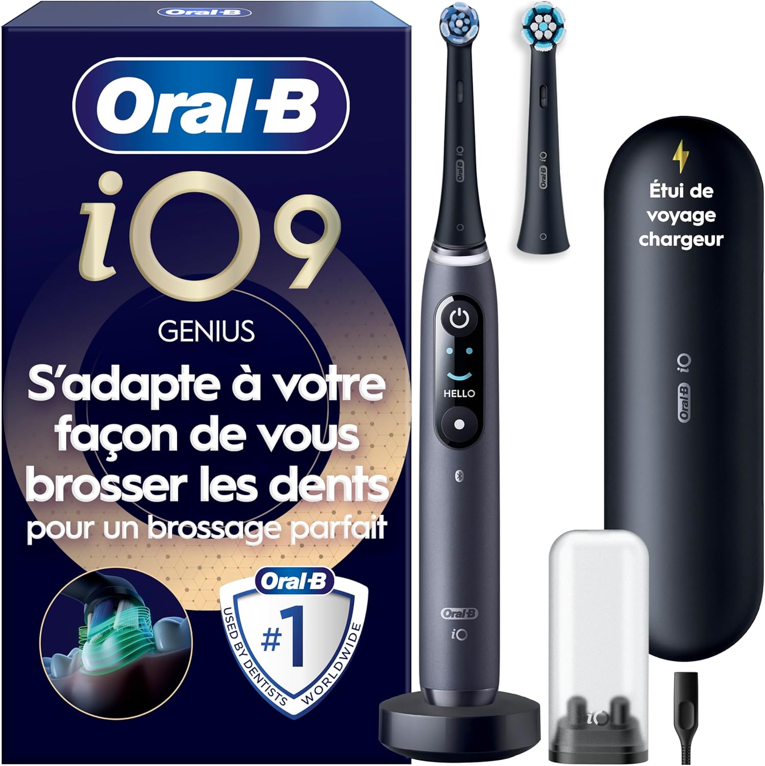 Oral-B Brosse A Dents Electrique iO 9 Noire, 7 Modes De Brossage Dont Blancheur Et Soin Des Gencives, 16 Zones De Nettoyage, Ecran Interactif, 2 Brossettes Oral B De Rechange, Etui De Voyage
