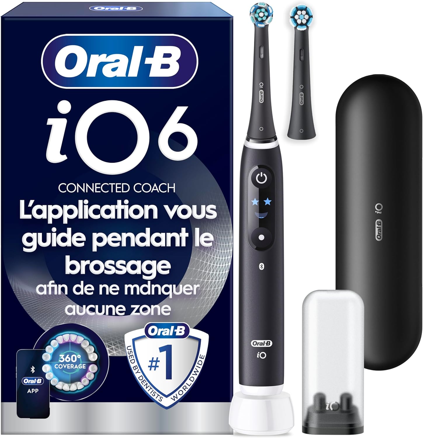 Brosse A Dents Électrique Oral-B iO 6 Noire, 5 Modes De Brossage Dont Blancheur Et Soin Des Gencives, Capteur De Pression, Ecran Interactif, 2 Brossettes De Rechange Oral B, Etui De Voyage