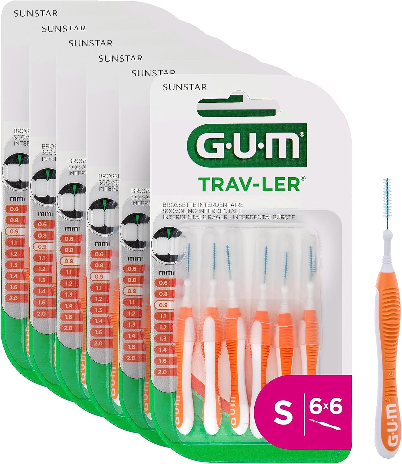 GUM TRAV-LER brossettes interdentaires | nettoyage en profondeur entre les dents | manche pliable | élimination de la plaque dentaire | 0.9mm, ISO 2 | Taille S | Lot de 6x6 GUM TRAV-LER brossettes interdentaires | nettoyage en profondeur entre les dents | manche pliable | élimination de la plaque dentaire | 0.9mm, ISO 2 | Taille S | Lot de 6x6